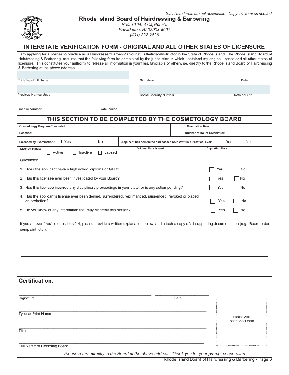 Application for License as a Barber Instructor / Hairdresser Instructor / Manicurist Instructor / Esthetician Instructor - Rhode Island, Page 6