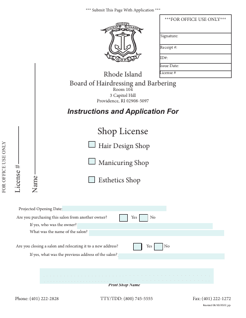 Application for Shop License - Rhode Island Download Pdf