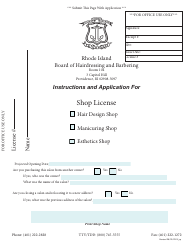 Application for Shop License - Rhode Island