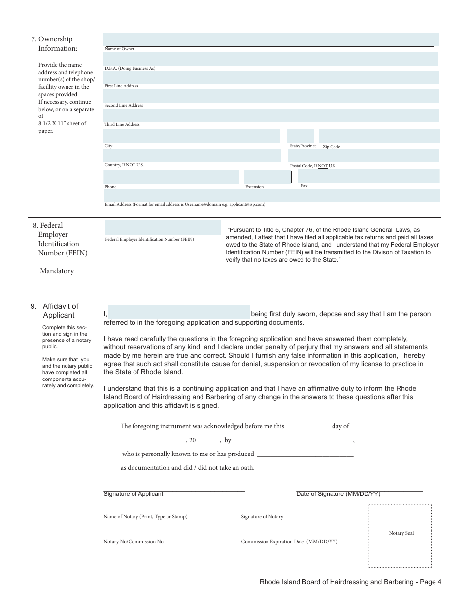 Application for Shop License - Rhode Island, Page 4