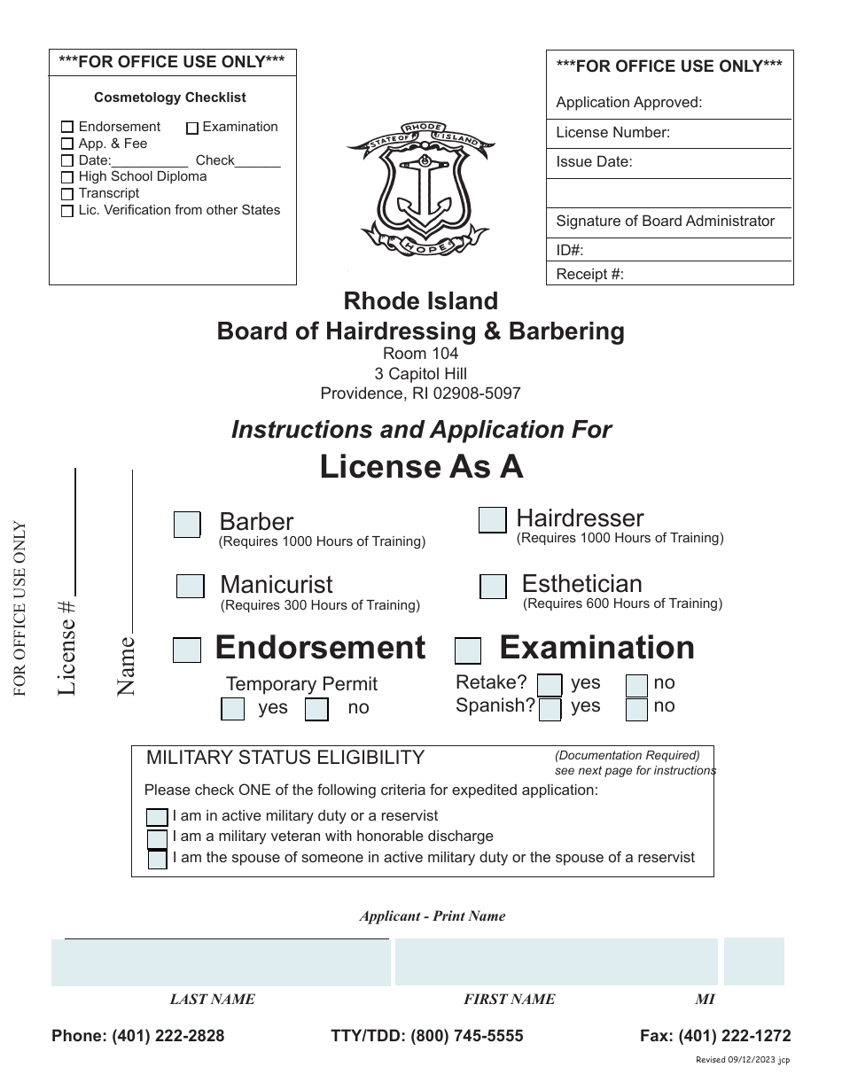 Rhode Island Application for License as a Hairdresser/Barber/Manicurist