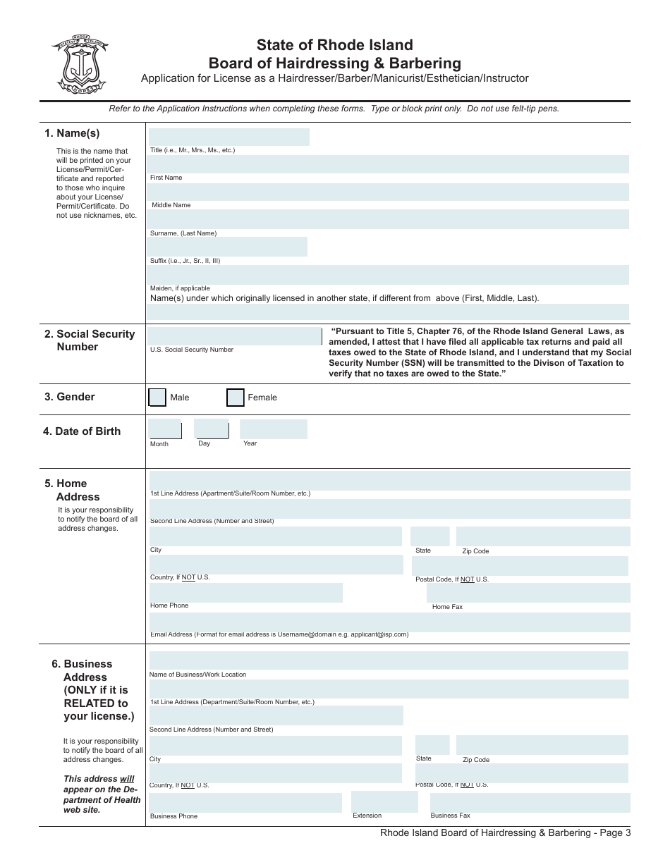 Application for License as a Hairdresser / Barber / Manicurist / Esthetician - Rhode Island, Page 3