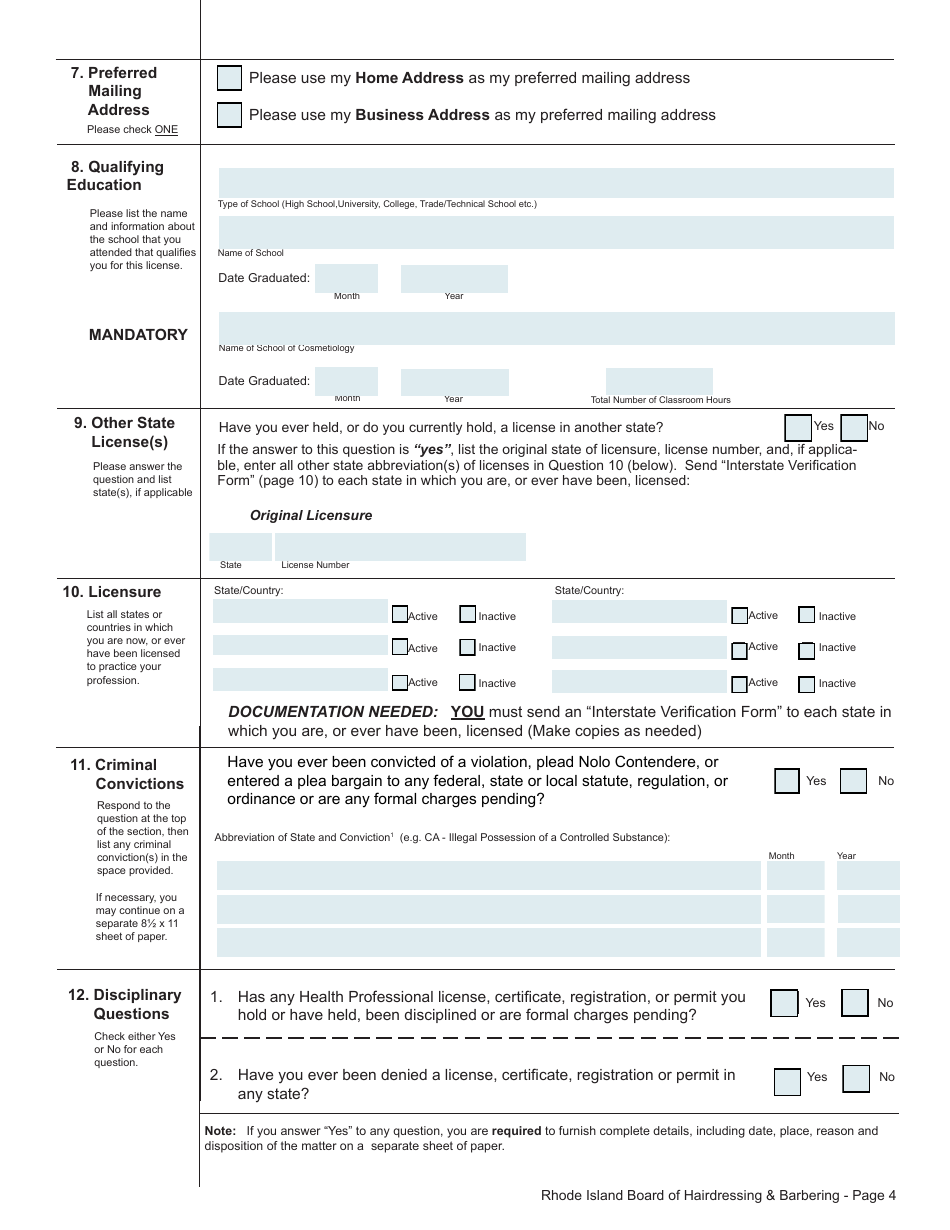 Application for License as a Hairdresser / Barber / Manicurist / Esthetician - Rhode Island, Page 4