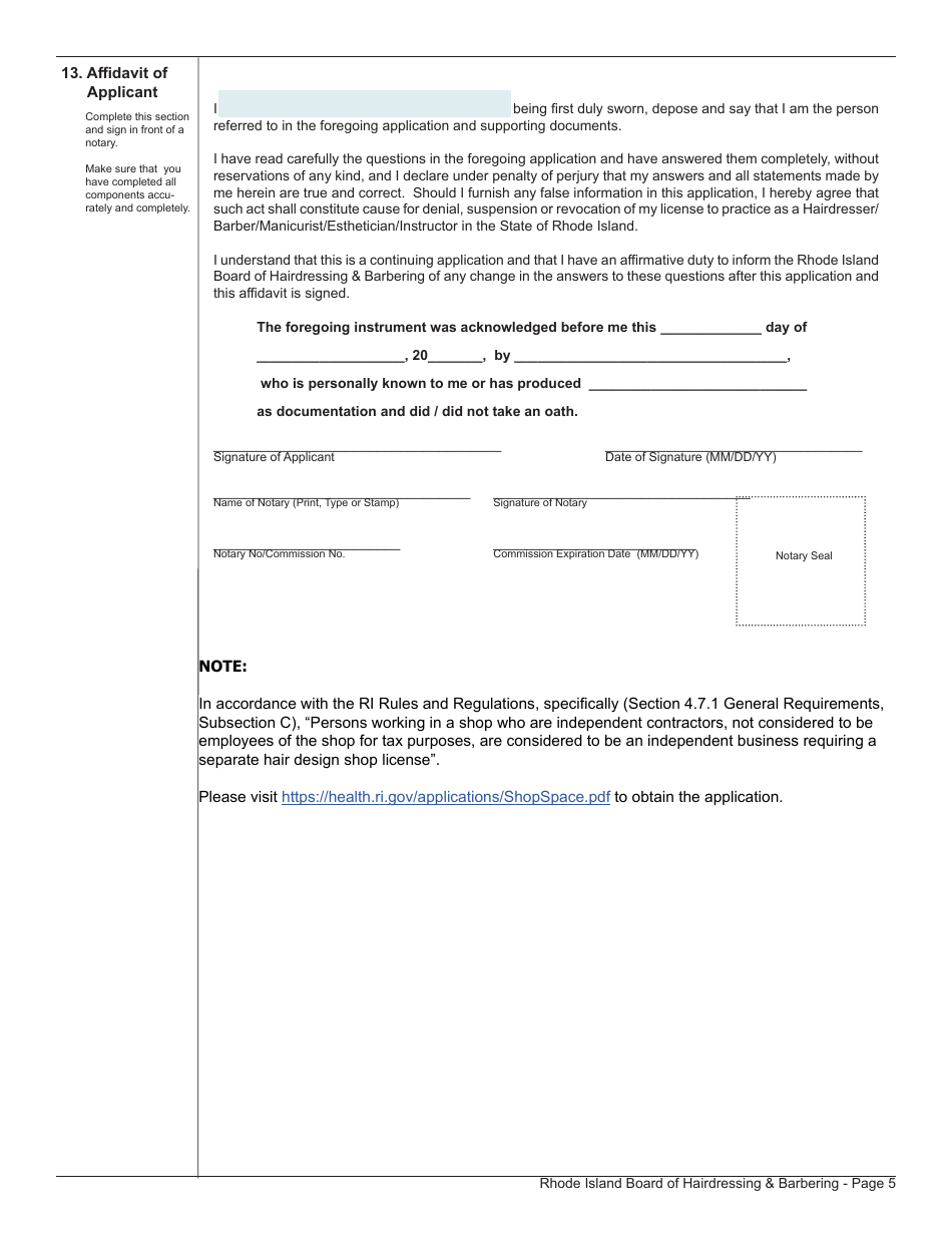 Application for License as a Hairdresser / Barber / Manicurist / Esthetician - Rhode Island, Page 5