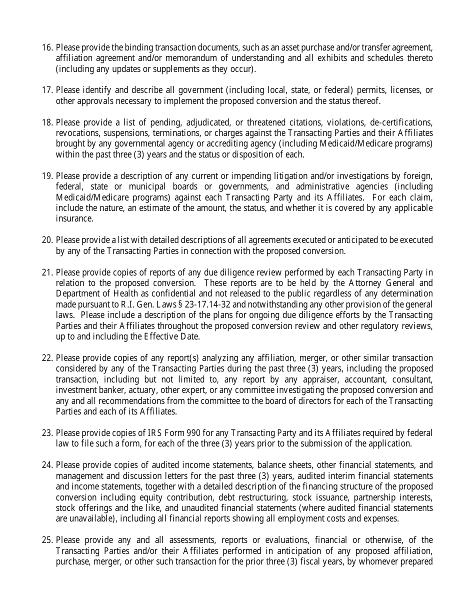 Hospital Conversion or Merger Initial Application - Rhode Island, Page 11