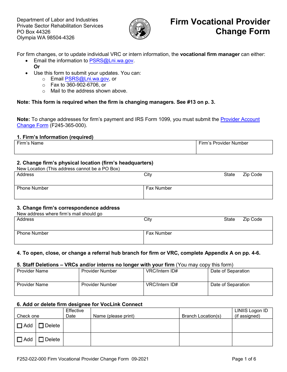 Form F252-022-000 Firm Vocational Provider Change Form - Washington, Page 1