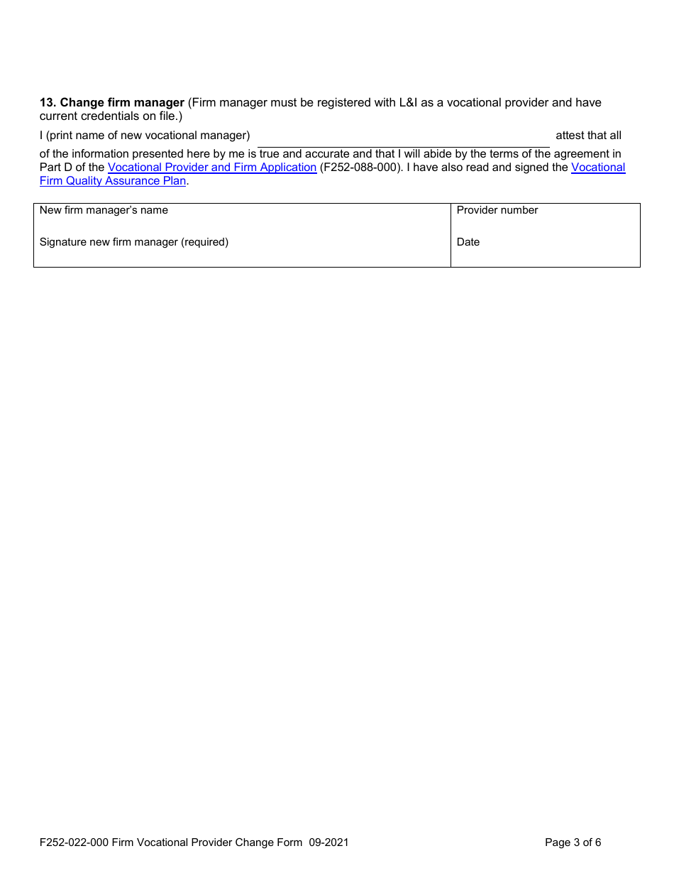 Form F252-022-000 Firm Vocational Provider Change Form - Washington, Page 3