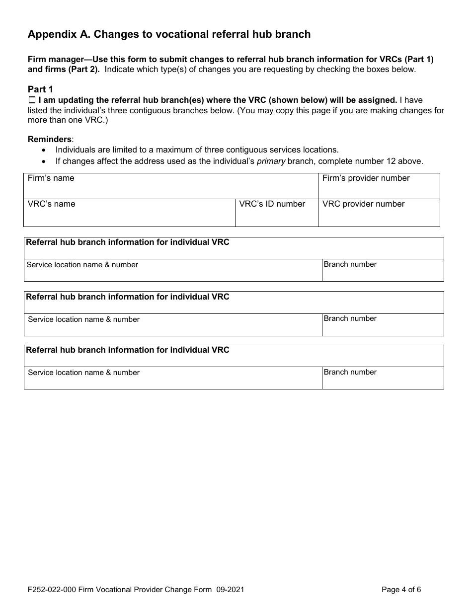 Form F252-022-000 Firm Vocational Provider Change Form - Washington, Page 4