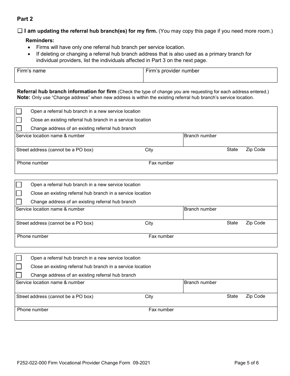 Form F252-022-000 Firm Vocational Provider Change Form - Washington, Page 5