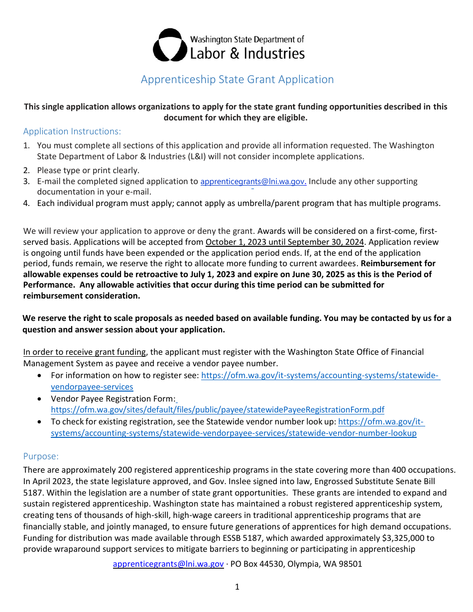 Apprenticeship State Grant Application - Washington, Page 1