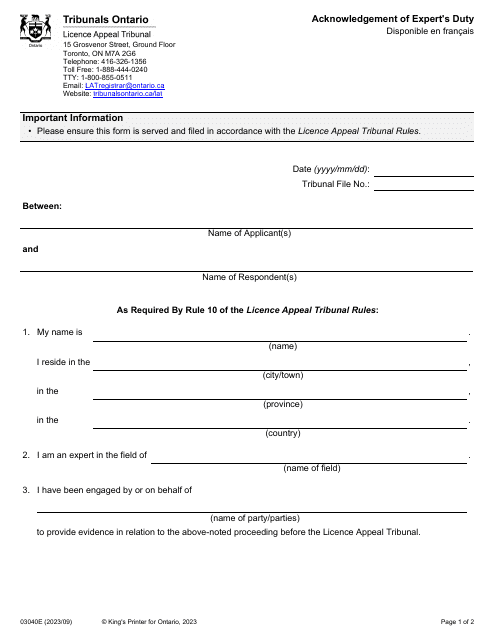 Form 0304E Acknowledgement of Expert's Duty - Ontario, Canada