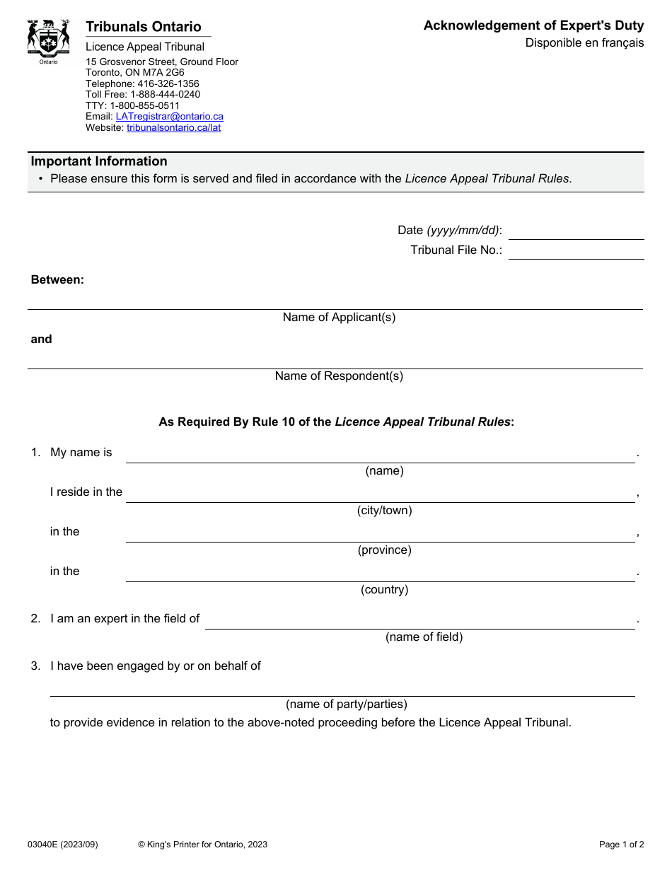 Form 0304E Acknowledgement of Experts Duty - Ontario, Canada, Page 1
