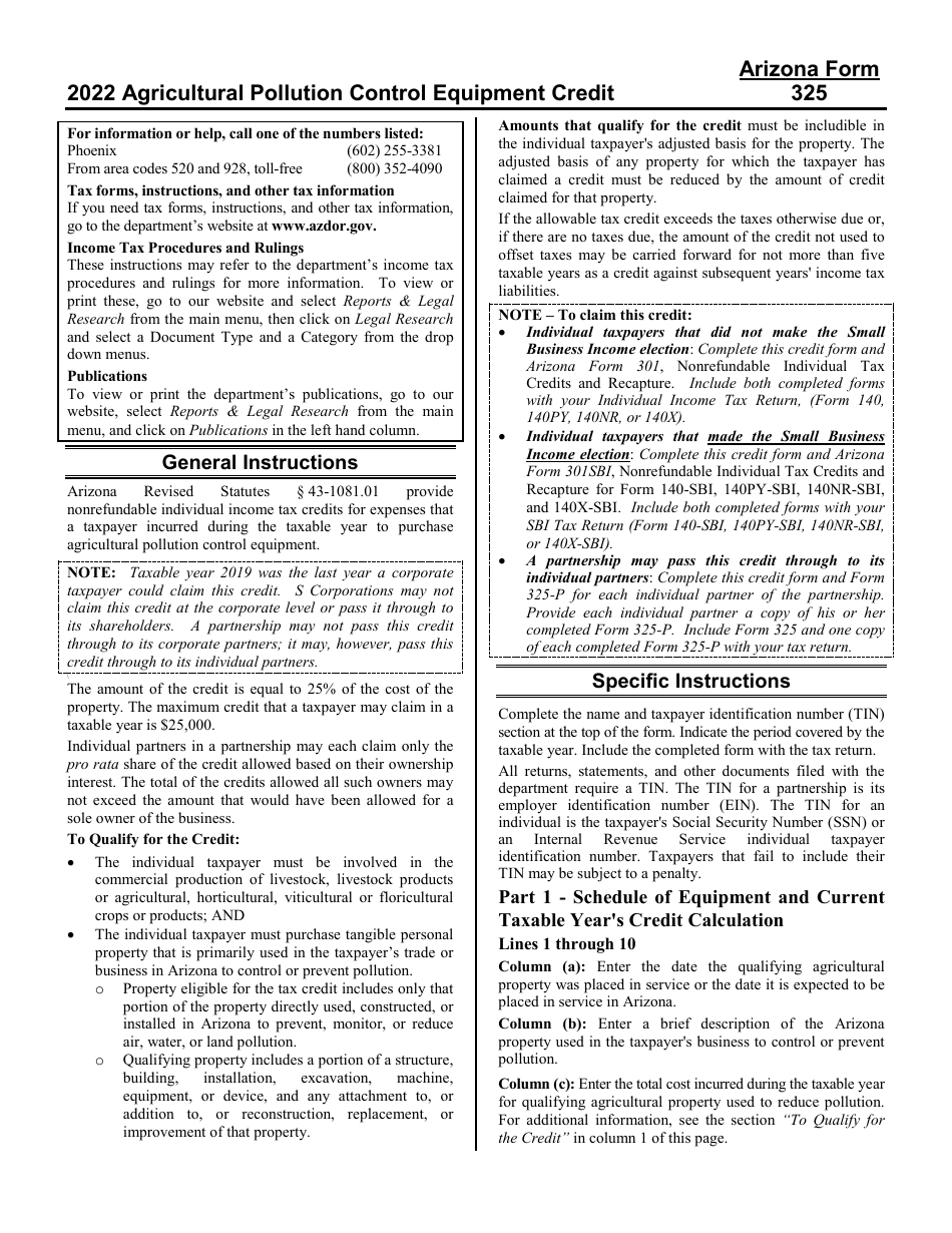 Instructions for Arizona Form 325, ADOR10945, Arizona Form 325-P, ADOR11280 - Arizona, Page 1