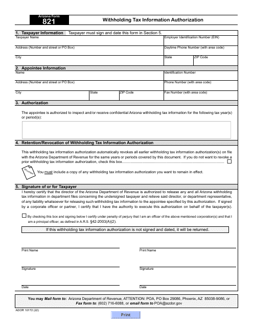Arizona Form 821 (ADOR10172) Withholding Tax Information Authorization - Arizona