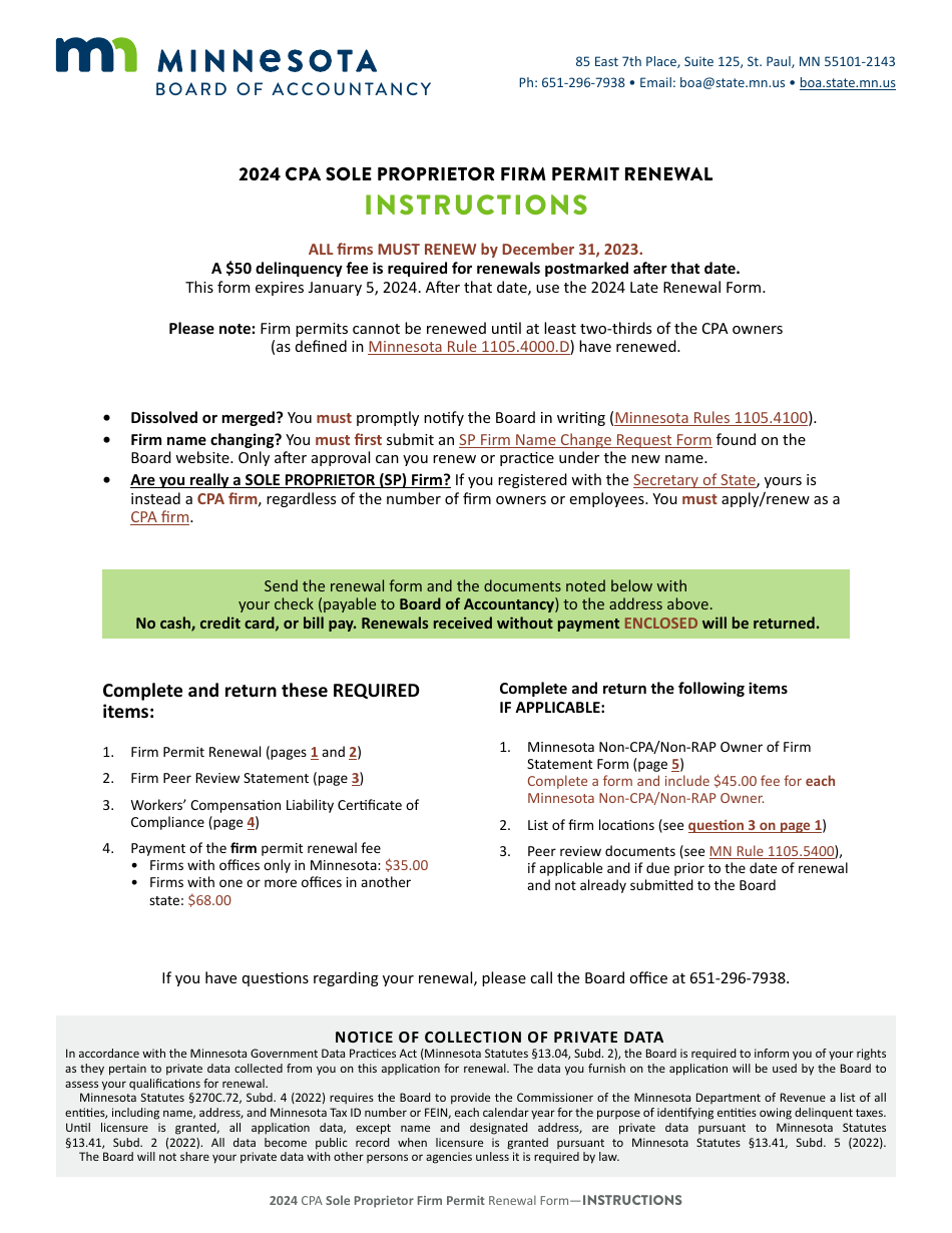 2024 Minnesota CPA Sole Proprietor Firm Permit Renewal Download Fillable PDF Templateroller