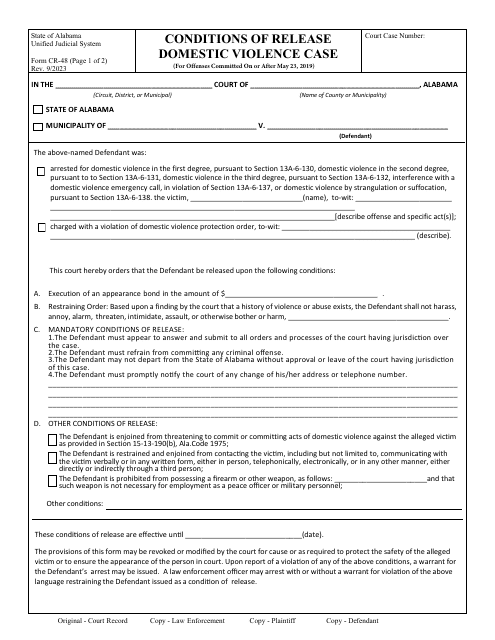 Form CR-48 Conditions of Release Domestic Violence Case (For Offenses Committed on or After May 23, 2019) - Alabama
