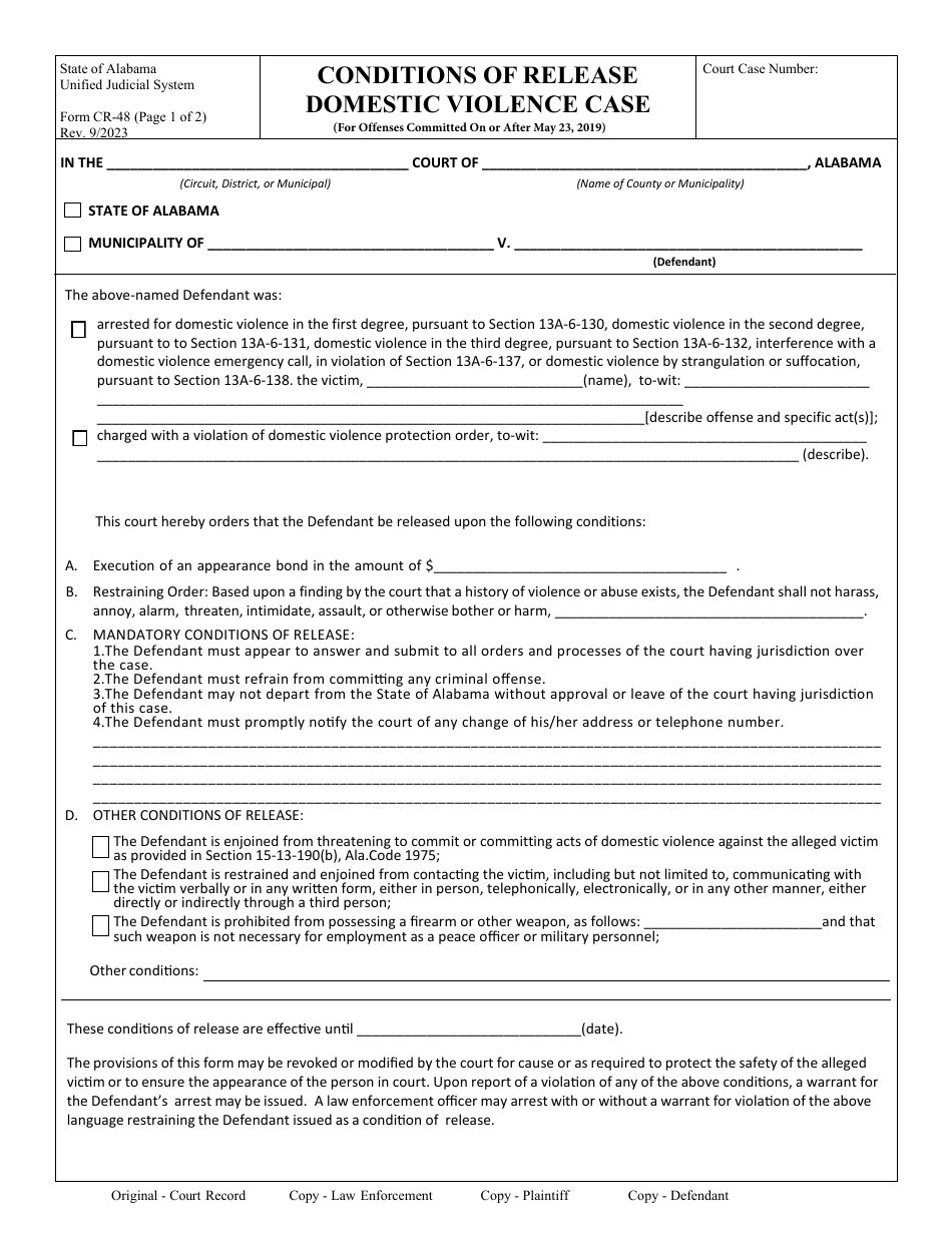 Form CR-48 Conditions of Release Domestic Violence Case (For Offenses Committed on or After May 23, 2019) - Alabama, Page 1
