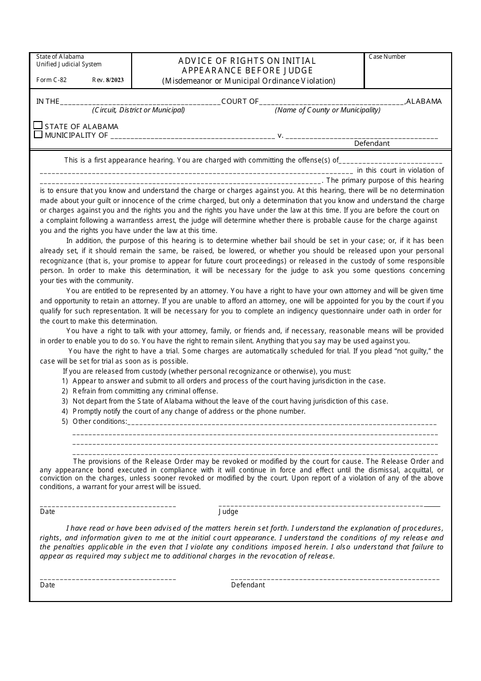 Form C-82 Advice of Rights on Initial Appearance Before Judge (Misdemeanor or Municipal Ordinance Violation) - Alabama, Page 1