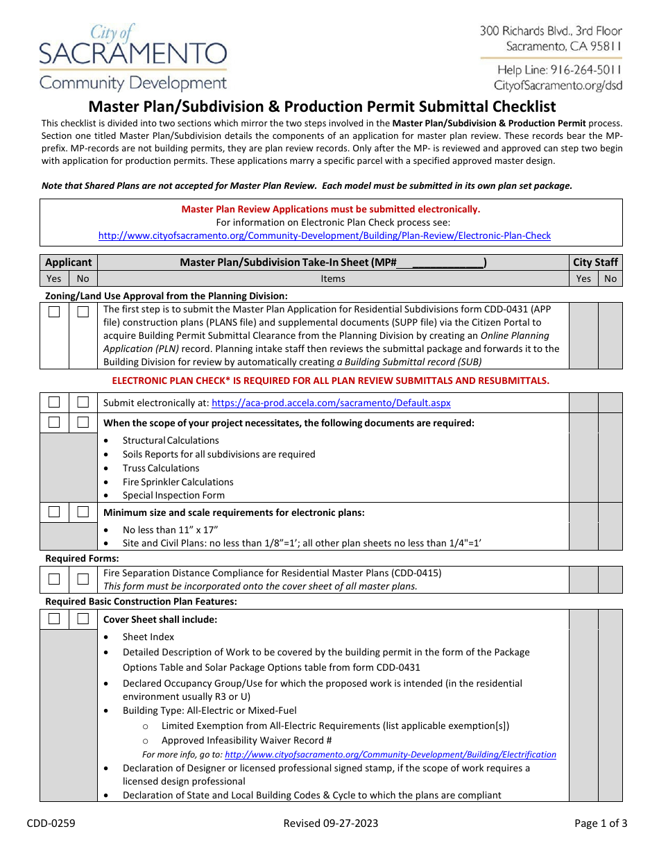Form CDD-0259 Master Plan / Subdivision  Production Permit Submittal Checklist - City of Sacramento, California, Page 1
