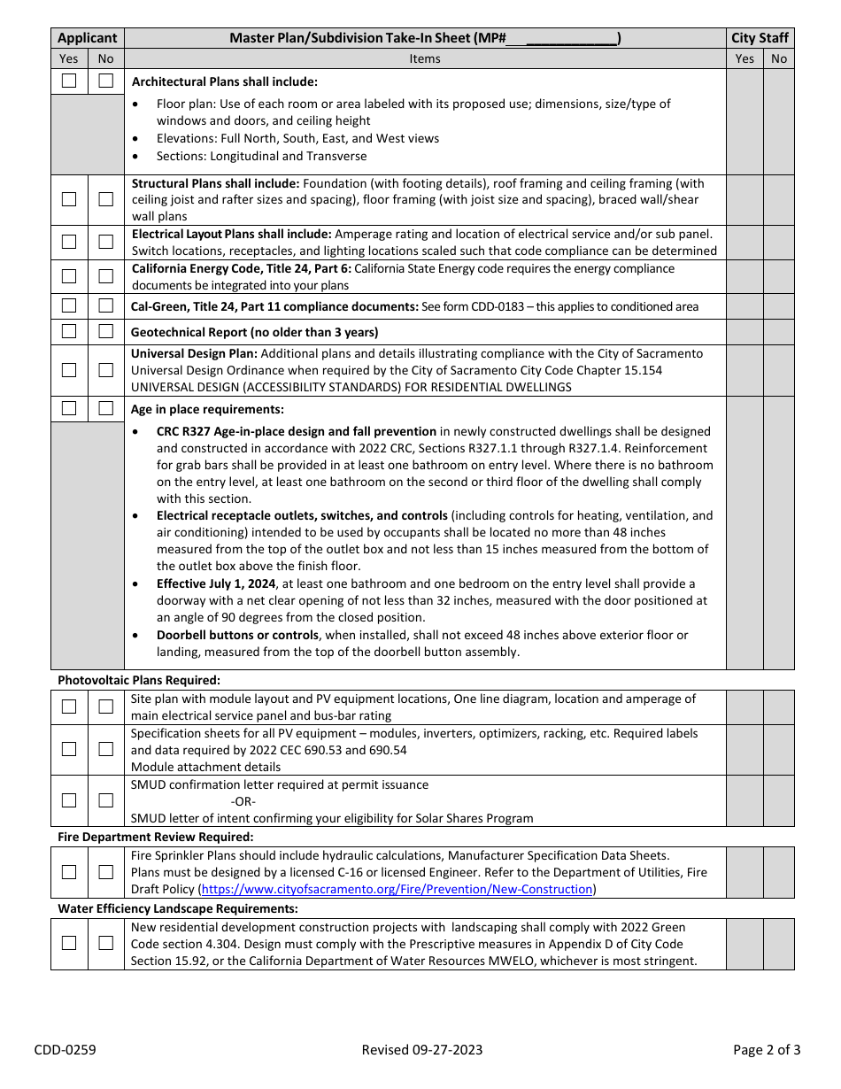 Form CDD-0259 Master Plan / Subdivision  Production Permit Submittal Checklist - City of Sacramento, California, Page 2