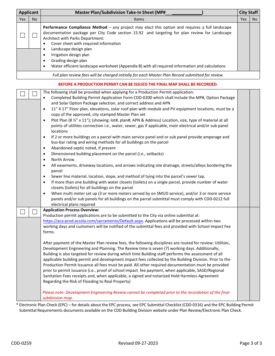 Form CDD-0259 Master Plan / Subdivision  Production Permit Submittal Checklist - City of Sacramento, California, Page 3