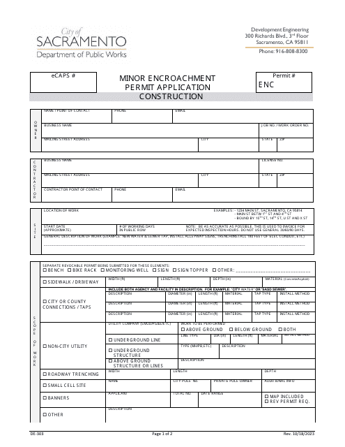 Form DE-303 Construction Encroachment Permit Application - City of Sacramento, California