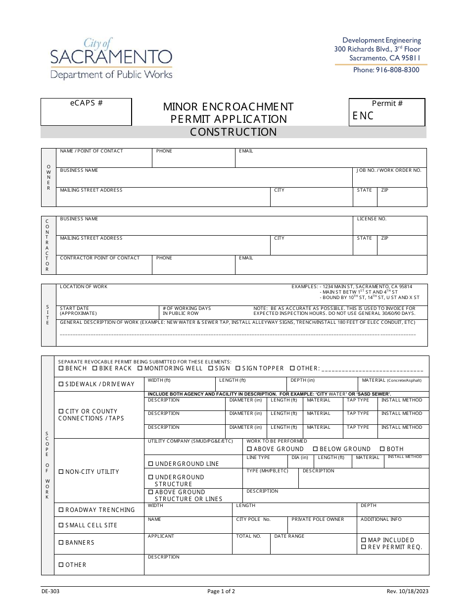 Form DE-303 Construction Encroachment Permit Application - City of Sacramento, California, Page 1