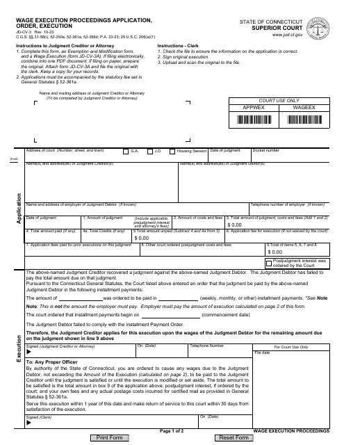 Form JD-CV-3 Wage Execution Proceedings Application, Order, Execution - Connecticut