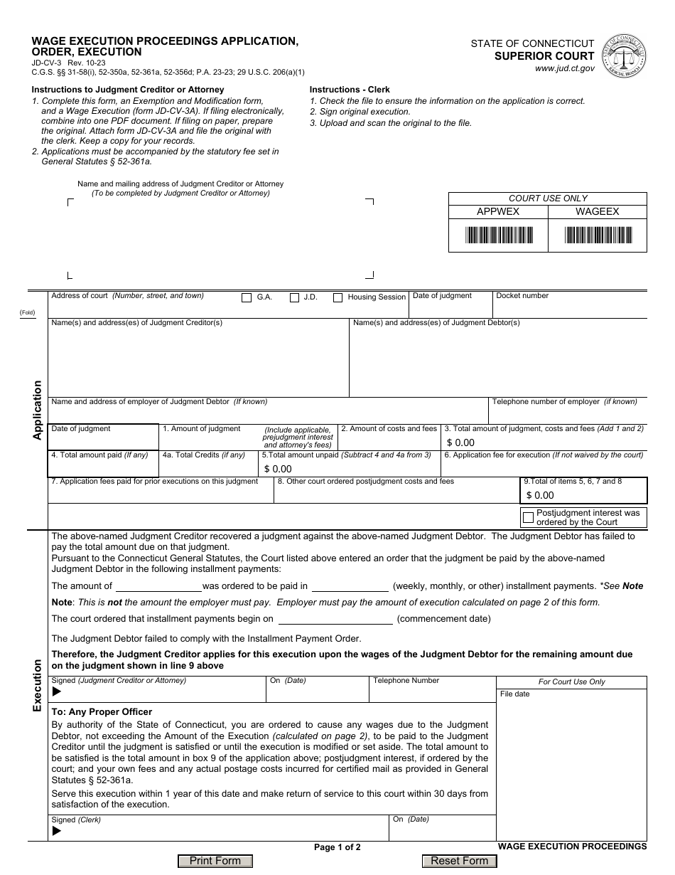Form JD-CV-3 Wage Execution Proceedings Application, Order, Execution - Connecticut, Page 1