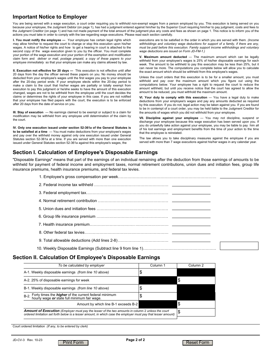 Form JD-CV-3 Wage Execution Proceedings Application, Order, Execution - Connecticut, Page 2