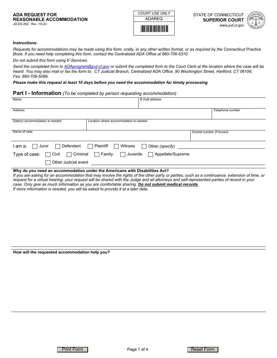 Form Jd-es-352 Download Fillable Pdf Or Fill Online Ada Request For 