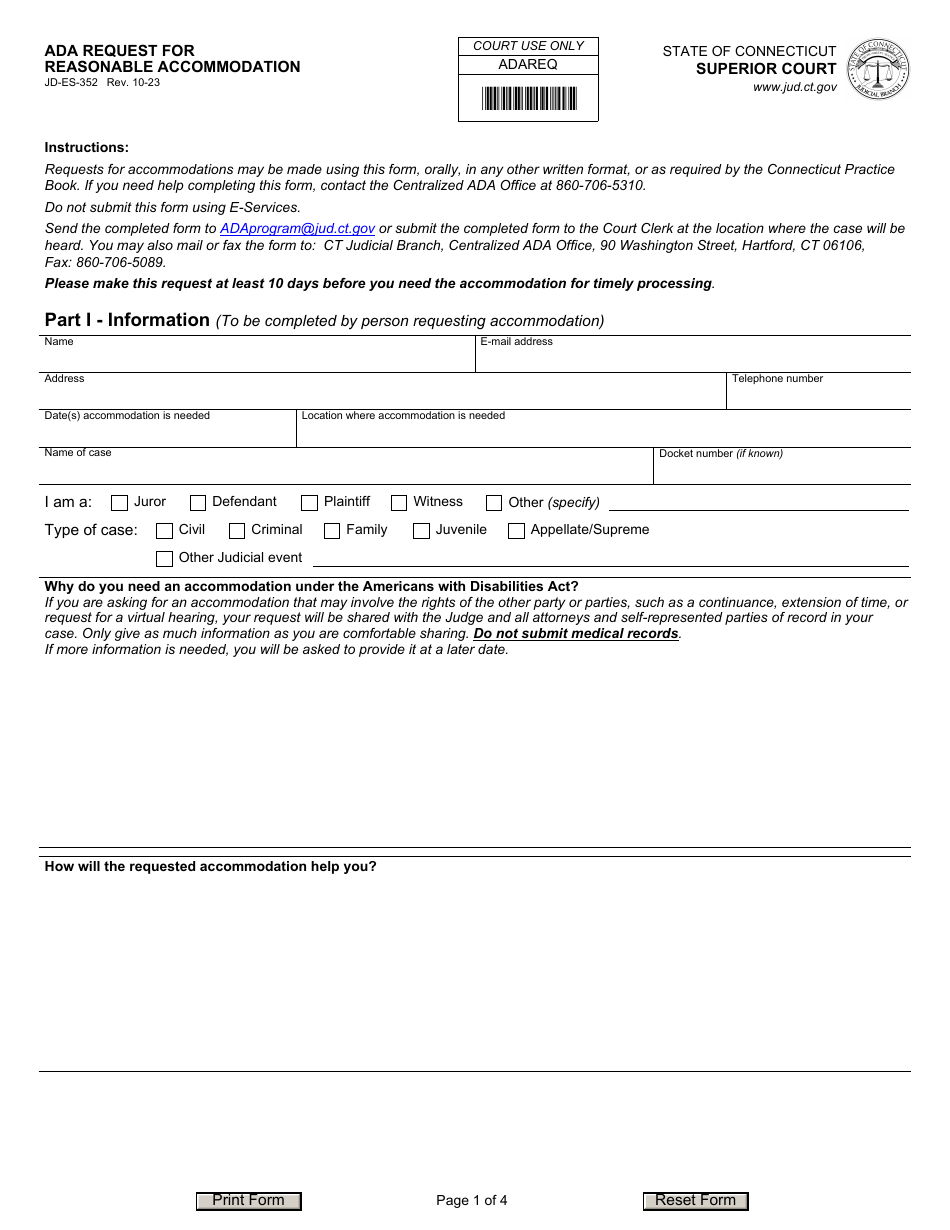 Form JD-ES-352 Ada Request for Reasonable Accommodation - Connecticut, Page 1