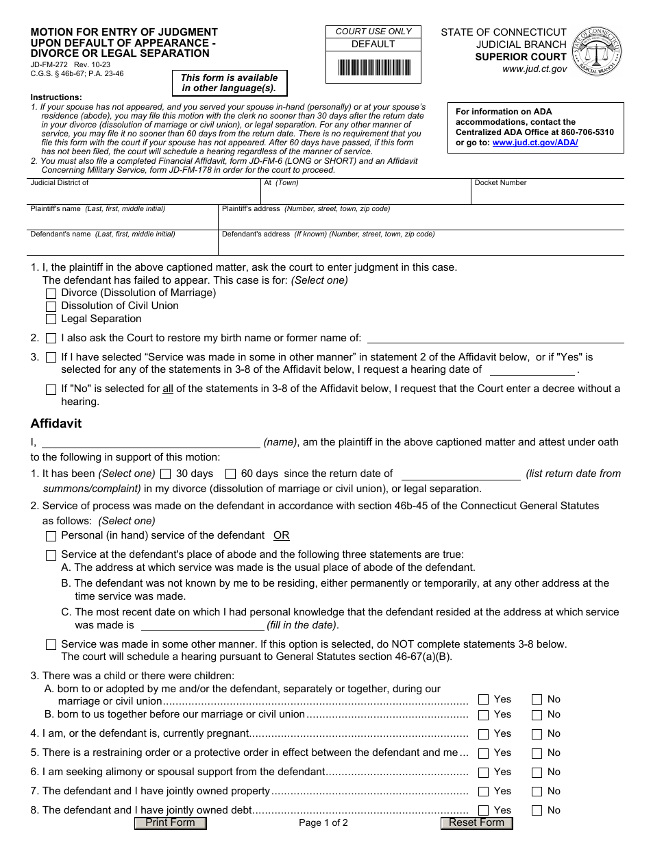 Form JD-FM-272 Motion for Entry of Judgment Upon Default of Appearance - Divorce or Legal Separation - Connecticut, Page 1