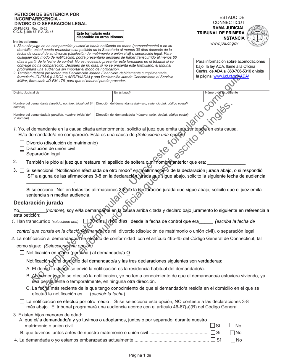 Formulario JD-FM-272PT Peticion De Sentencia Por Incomparecencia - Divorcio O Separacion Legal - Connecticut (Spanish), Page 1
