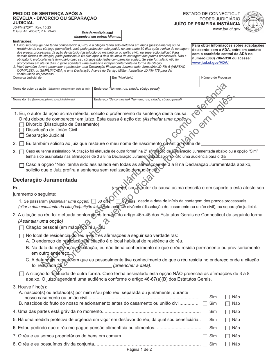 Form JD-FM-272PT Motion for Entry of Judgment Upon Default of Appearance - Divorce or Legal Separation - Connecticut (Portuguese), Page 1