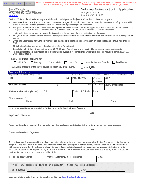 Form 8500-143 Volunteer Instructor Junior Application for Youth 12-17 - Wisconsin