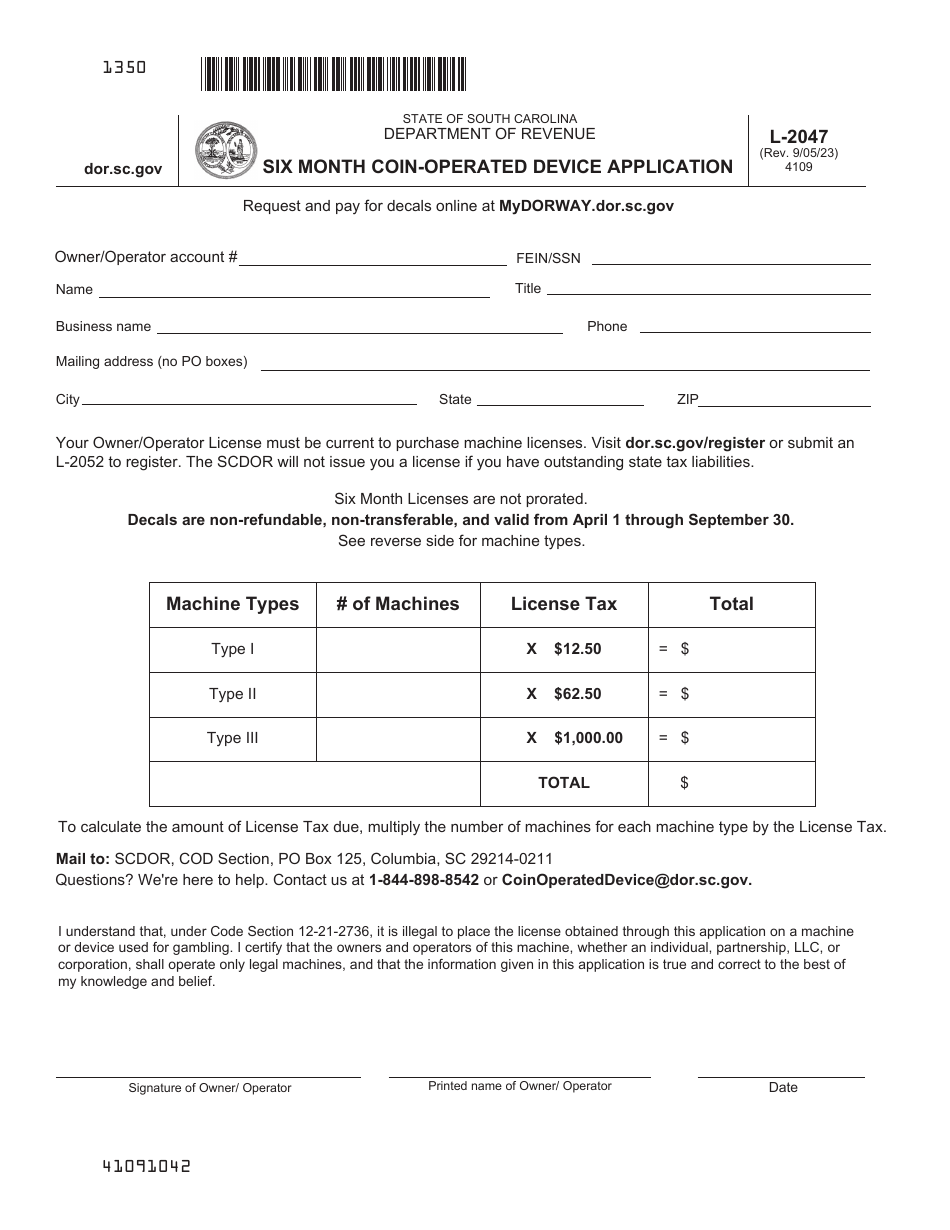 Form L-2047 Six Month Coin-Operated Device Application - South Carolina, Page 2