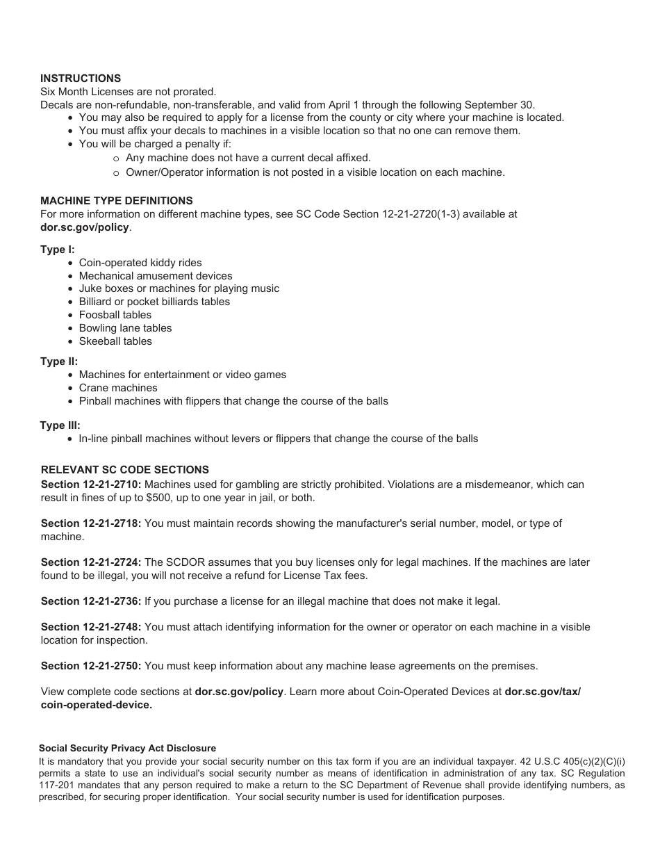 Form L-2047 Six Month Coin-Operated Device Application - South Carolina, Page 3