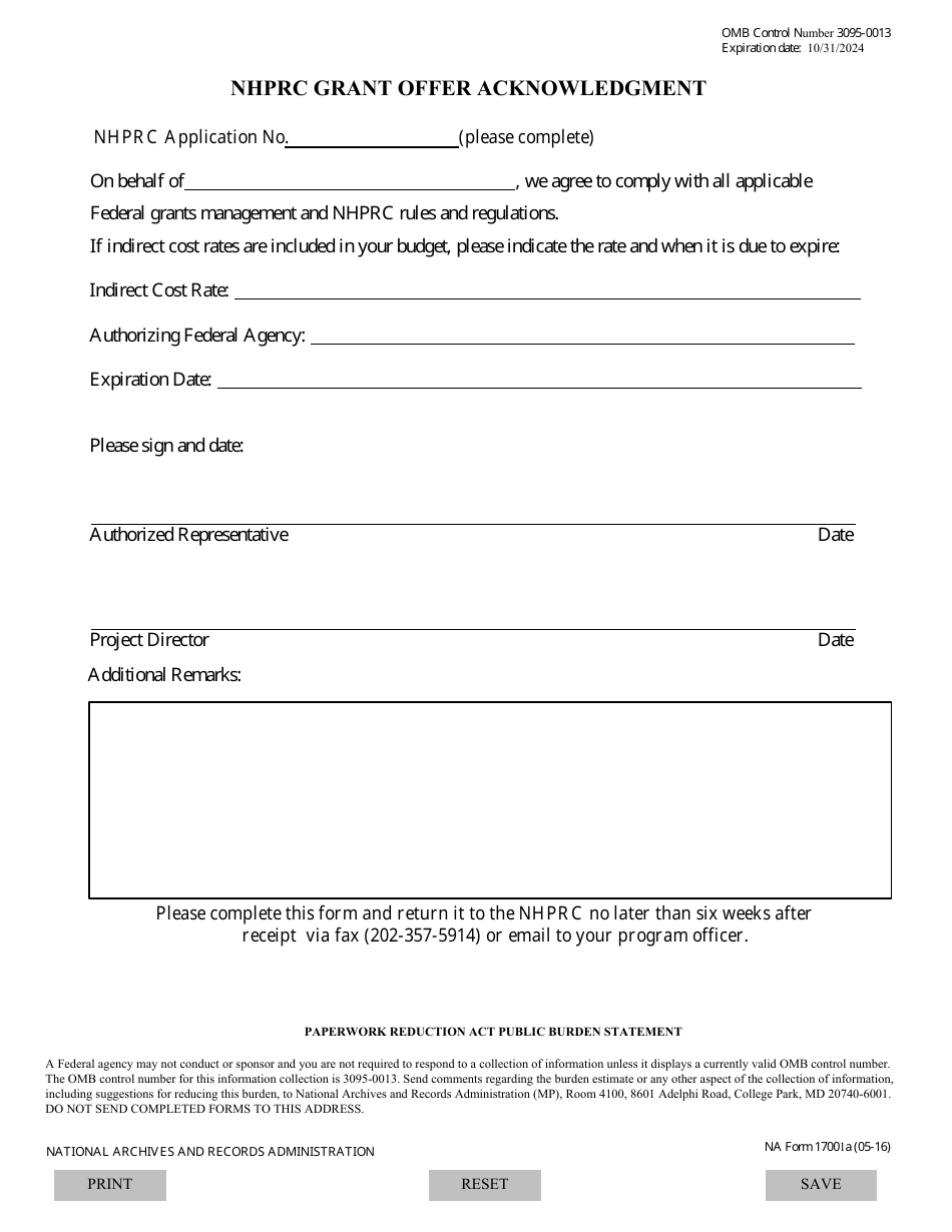 NA Form 17001A Nhprc Grant Offer Acknowledgment, Page 1