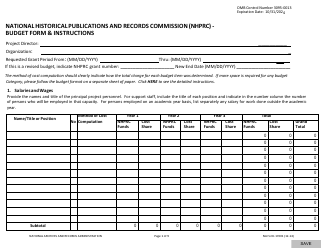 Document preview: NA Form 17001 National Historical Publications and Records Commission (Nhprc) Budget Form