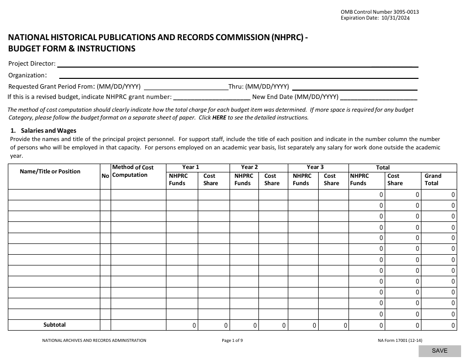 NA Form 17001 National Historical Publications and Records Commission (Nhprc) Budget Form, Page 1