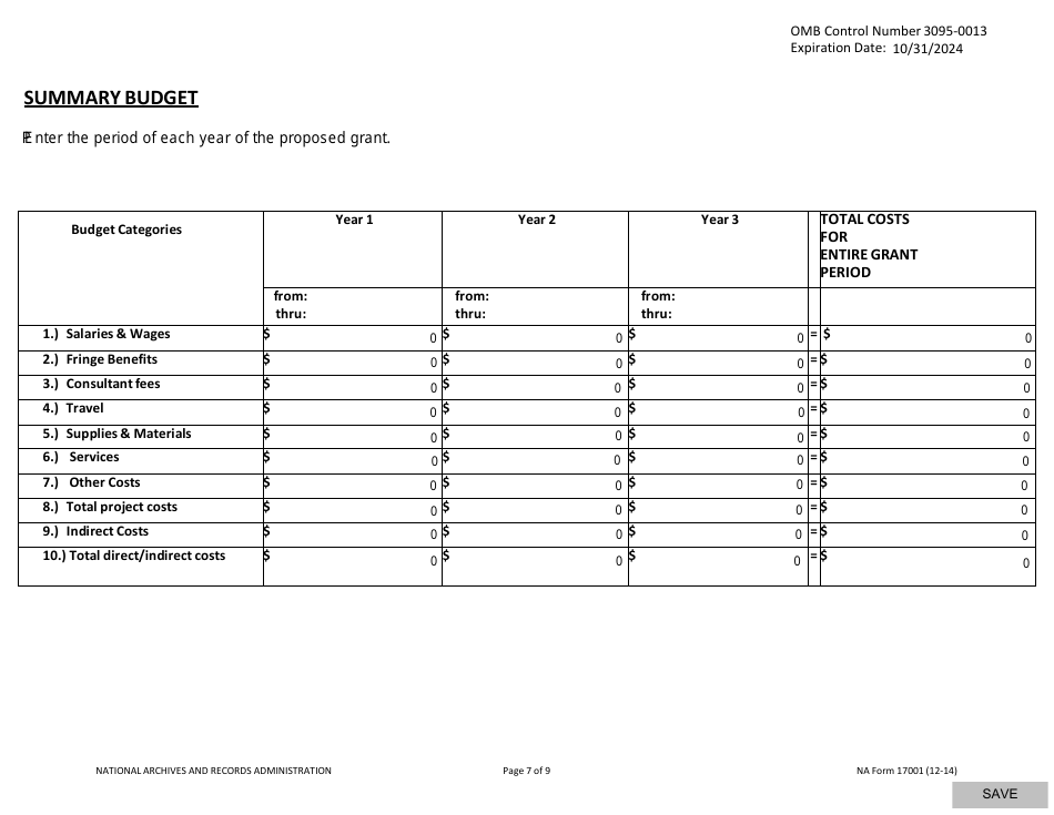 NA Form 17001 National Historical Publications and Records Commission (Nhprc) Budget Form, Page 7