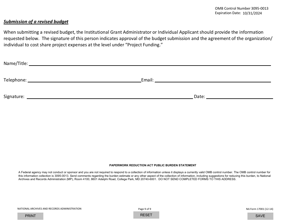 NA Form 17001 National Historical Publications and Records Commission (Nhprc) Budget Form, Page 9
