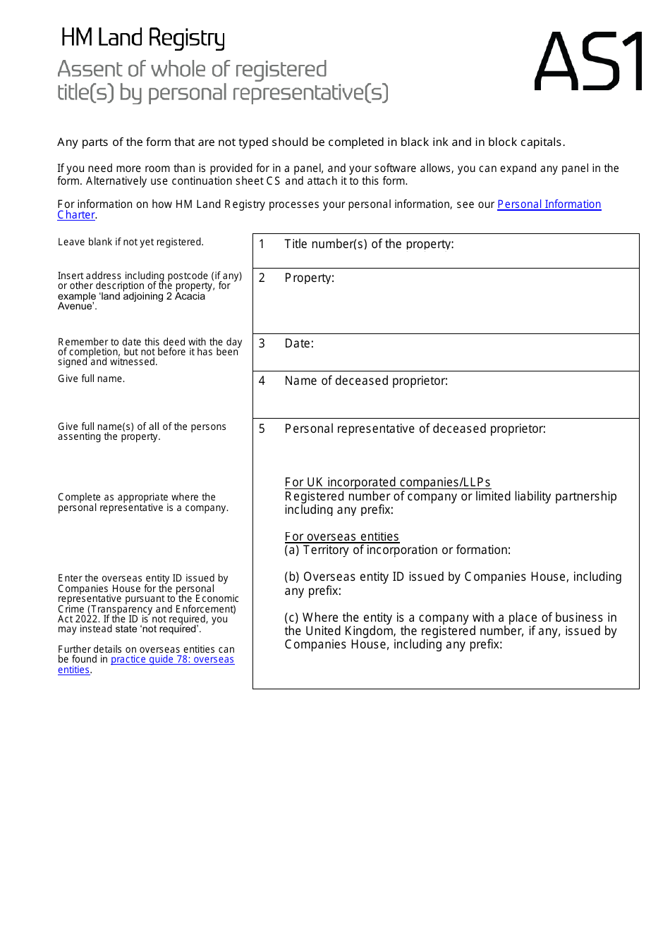 Form AS1 Assent of Whole of Registered Title(S) by Personal Represetative(S) - United Kingdom, Page 1