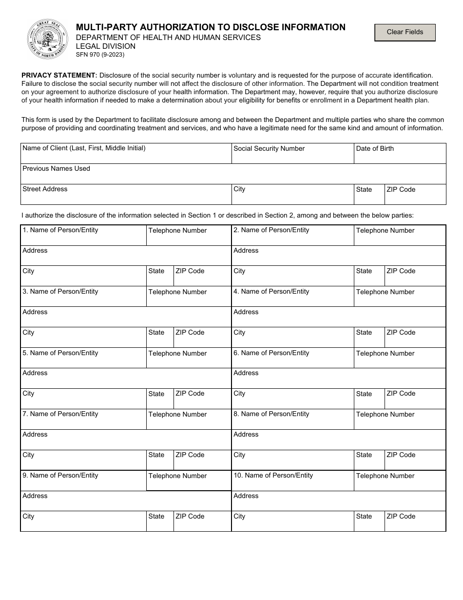 Form SFN970 Multi-Party Authorization to Disclose Information - North Dakota, Page 1