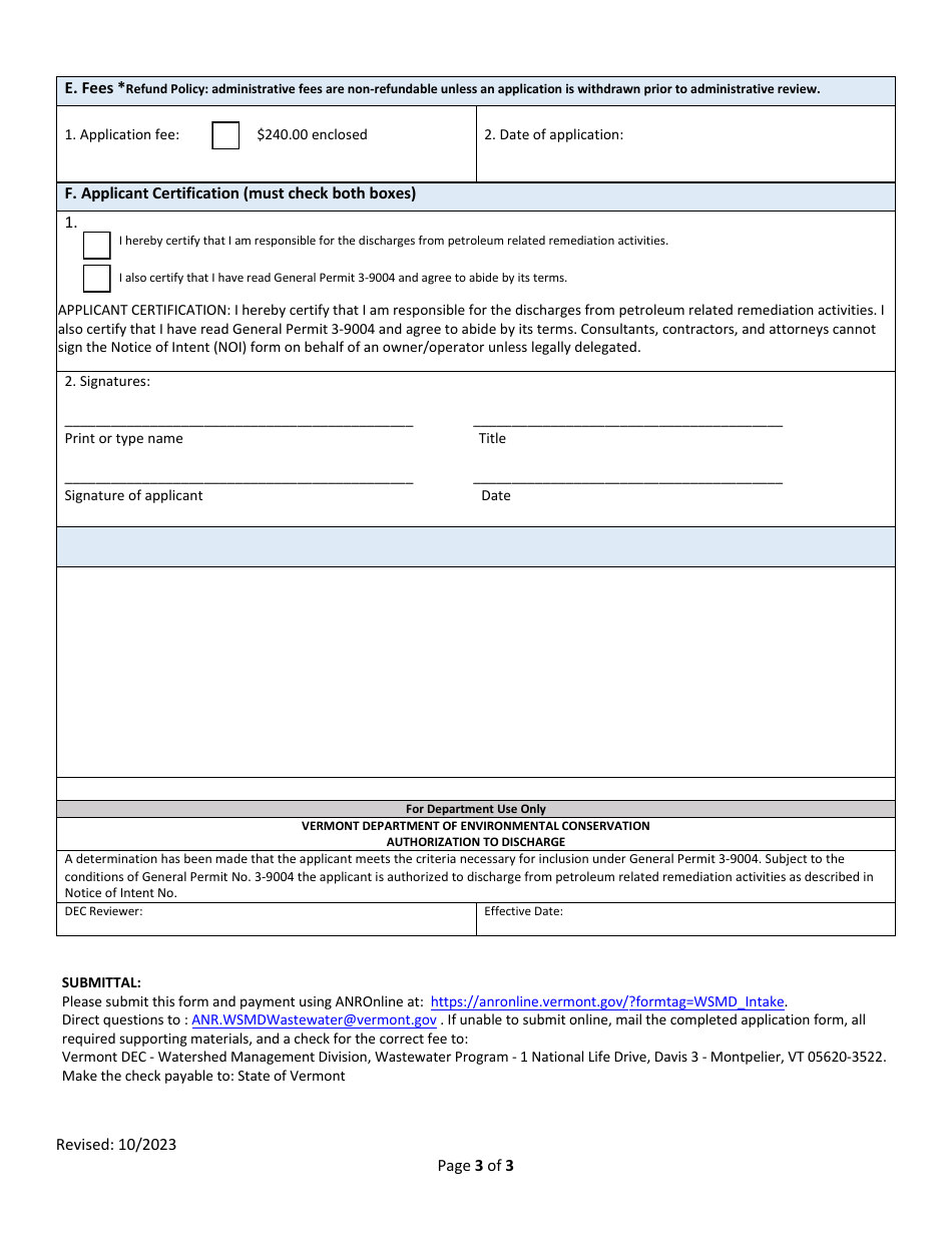 Notice of Intent for Discharges From Petroleum Related Remediation Activities Subject to General Permit No. 3-9004 - Vermont, Page 3