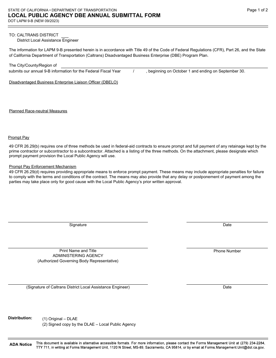 Form DOT LAPM9-B Local Public Agency Dbe Annual Submittal Form - California, Page 1