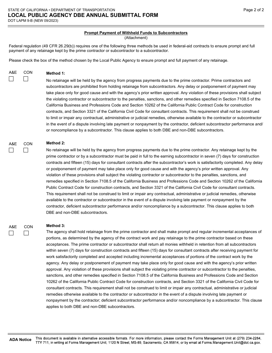 Form DOT LAPM9-B Local Public Agency Dbe Annual Submittal Form - California, Page 2