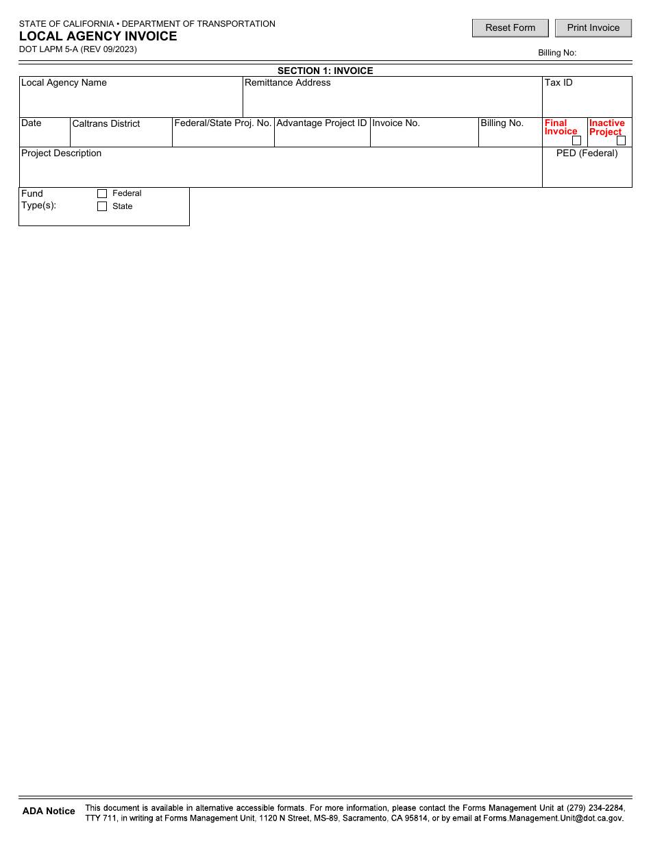 Form DOT LAPM5-A Local Agency Invoice - California, Page 1