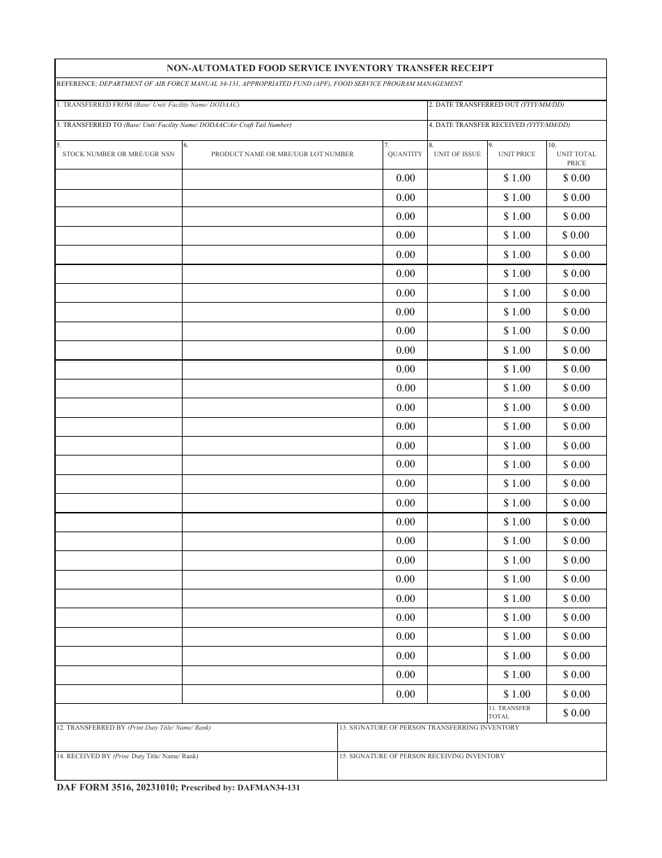 DAF Form 3516 Non-automated Food Service Inventory Transfer Receipt, Page 1